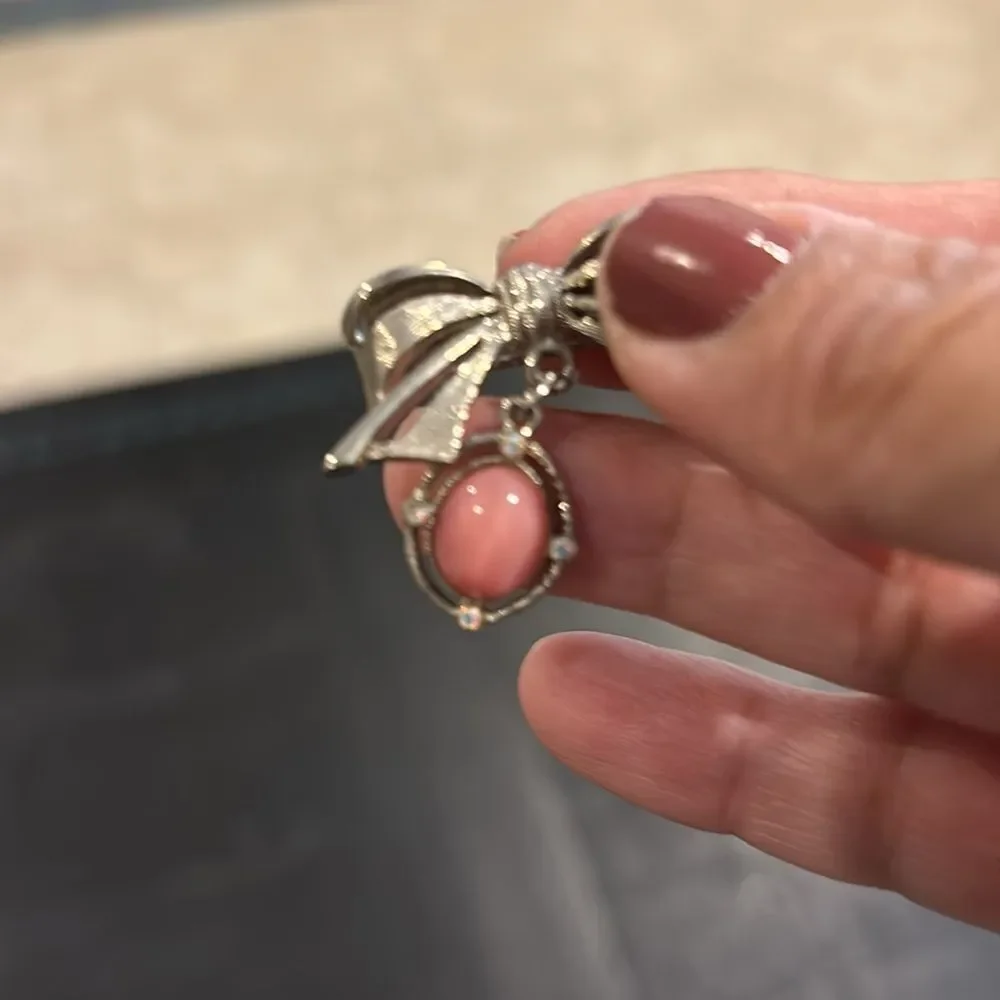 Bow Bead Rhinestone Pink Dangle Charm Brooch Silver Tone​